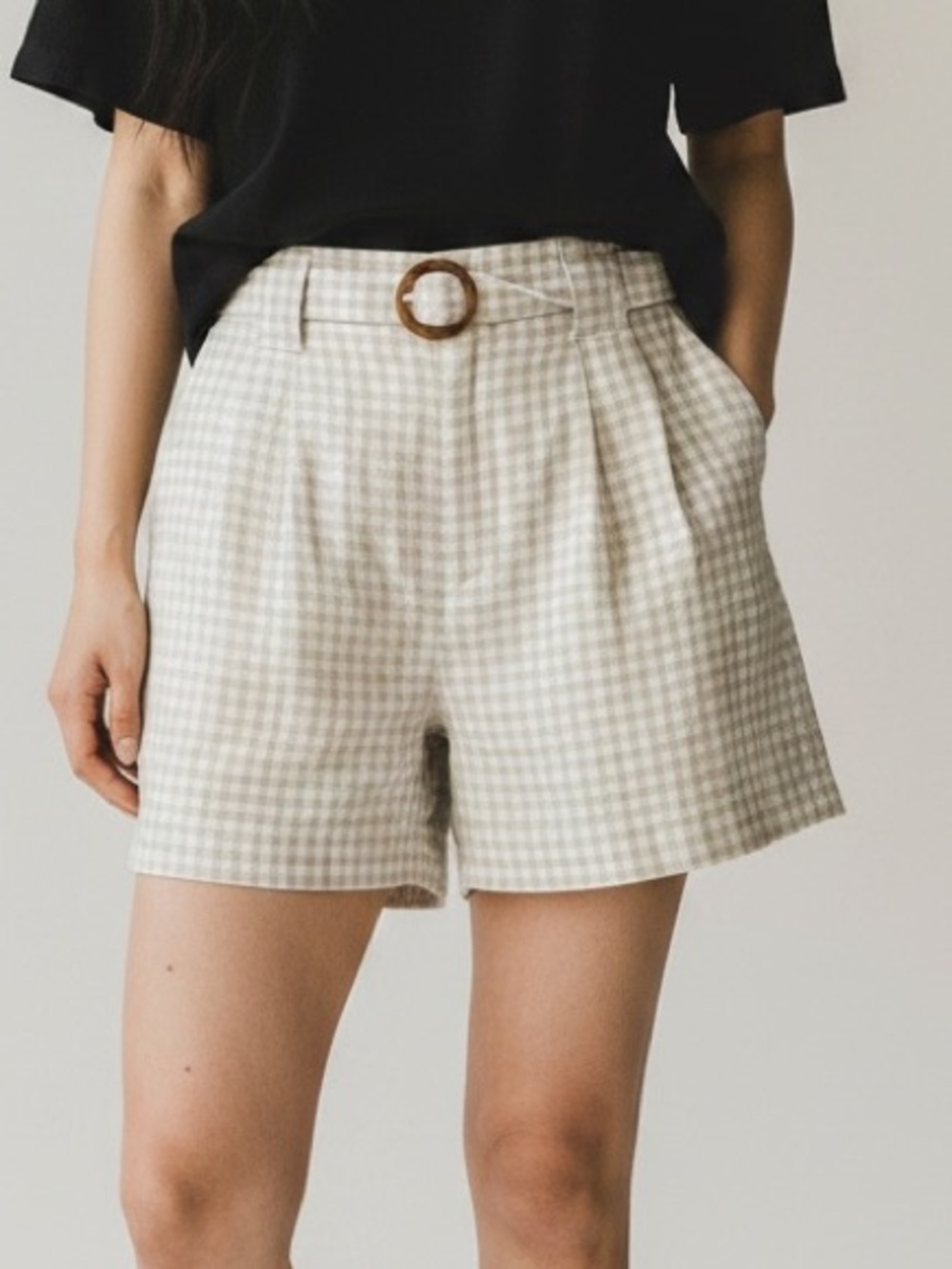 Skies Are Blue Cream Gingham Belted High-Waist Shorts